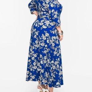 Women's Blue Floral Print Surplice Maxi Dress